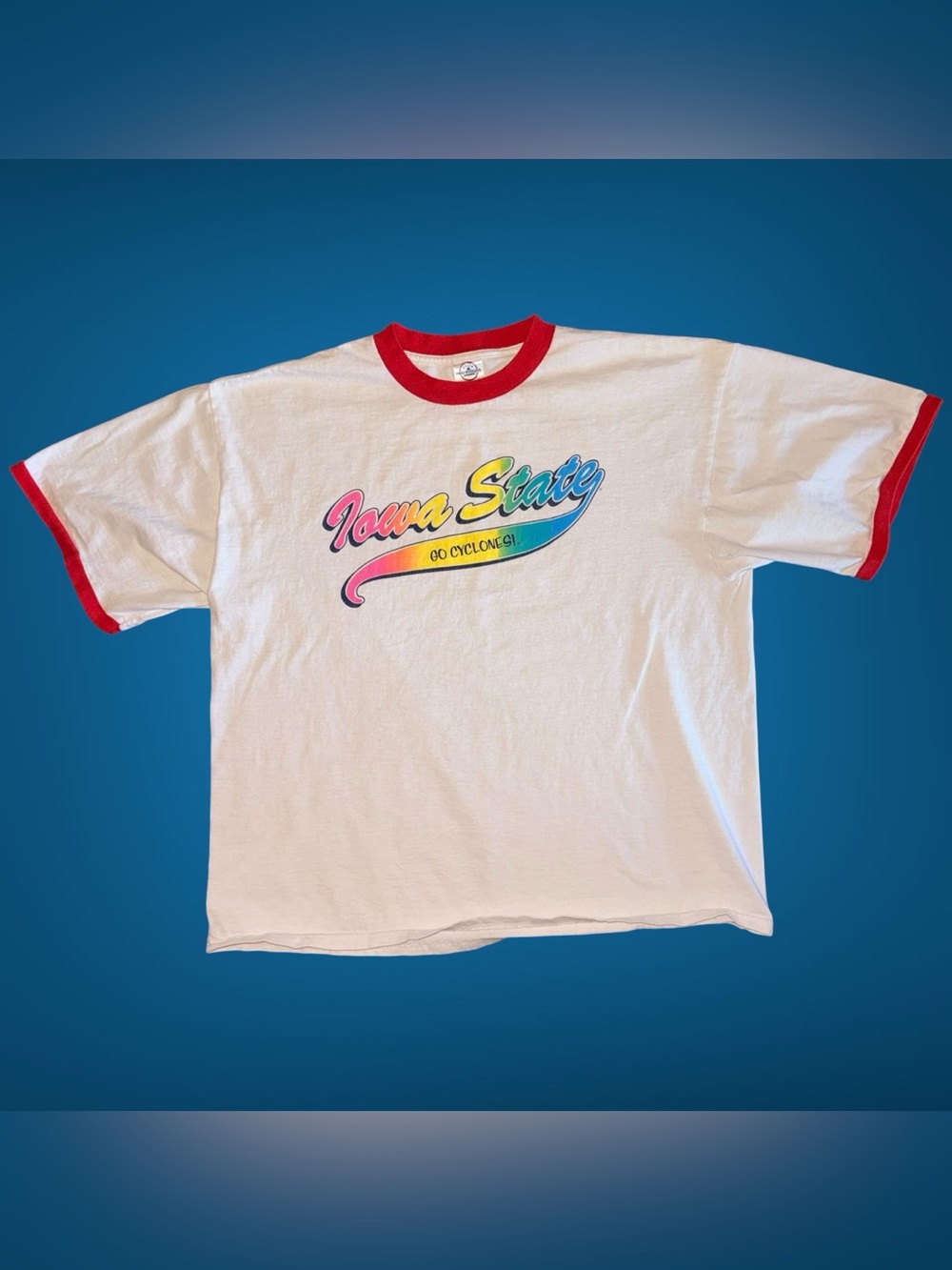 Delta White Ringer Tee with Red Trim and Multicolor Iowa State Logo